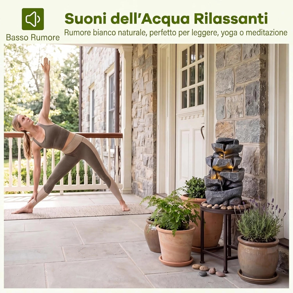 Fontana da Giardino a 5 Livelli con Luci e Flusso Regolabile | Fontanella Cascata Elettrica a Forma di Roccia con Effetto di Pietra da Terrazza e Balcone