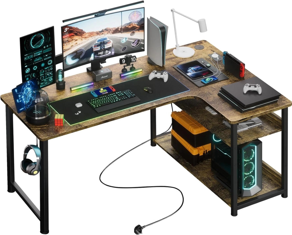 Scrivania da gioco a forma di L, scrivania angolare con ripiani portaoggetti, tavolo per computer con porta di ricarica USB e presa di corrente, 120L*80P*74H, per giocare, lavorare