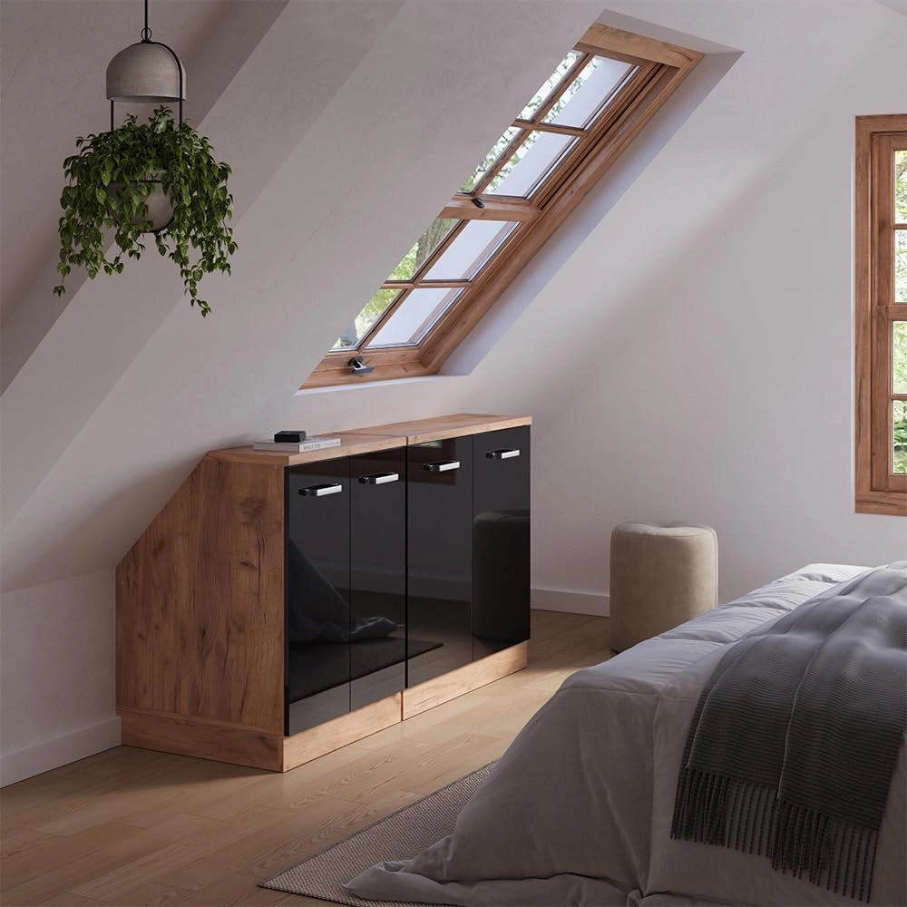 Set di mobili sottotetto Rion, Nero lucido, 140 cm Set di 2 carcasse armadio profondità 60 cm, adatto per il salvaspazio sotto tetti spioventi