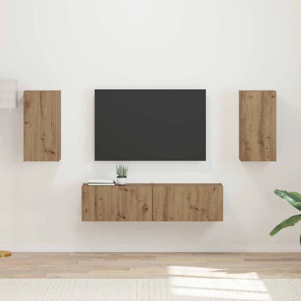 Set mobile TV 4 pz-Credenza per TV Rovere artigianale Legno multistrato 200321