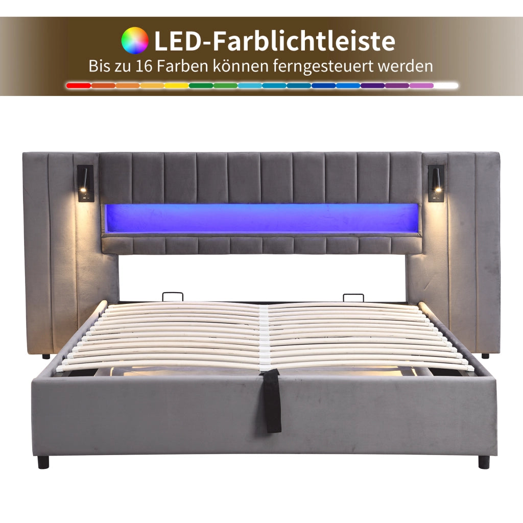 LETTO matrimoniale 180x200 cm in velluto grigio con USB, LED e spazio contenitore