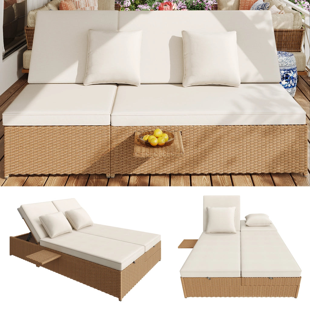 Chaise longue de jardin ext¨¦rieure double lit chaise longue en rotin ext¨¦rieure canap¨¦ en rotin pouvant servir de mobilier de jardin d¡¯ext¨¦rieur adapt¨¦ aux salons balcons et jardins r¨¦sistant aux intemp¨¦ries pliable avec coussins blanc