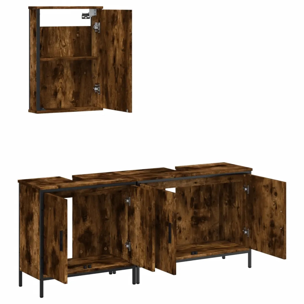 Set Mobili da Bagno | Armadio da bagno 3 pz Rovere Fumo in Legno Multistrato