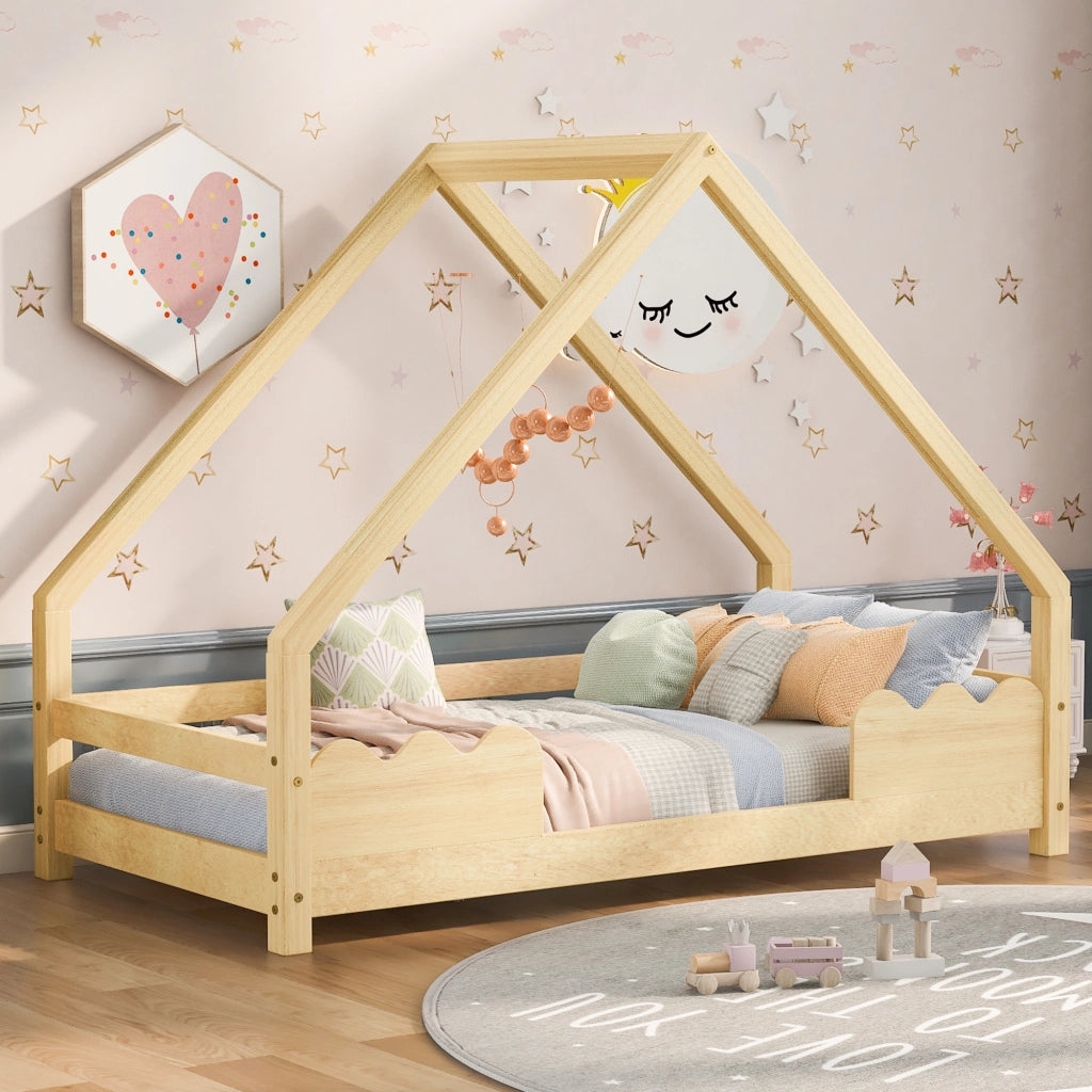 Letto per bambini singolo 90×200 cm con barriera; rete inclusa; senza materasso; legno naturale
