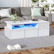 Tavolino da salotto bianco lucido 100 x 50 x 35 cm con LED; 2 cassetti e ripiani