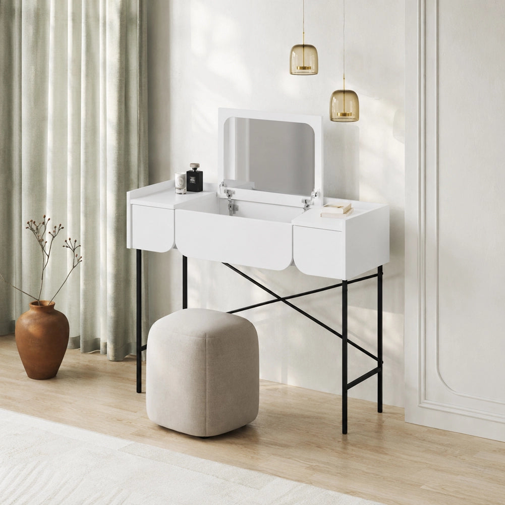 Toeletta Trucco Bianco Moderna Mobile Salvaspazio con Cassetti e Specchio