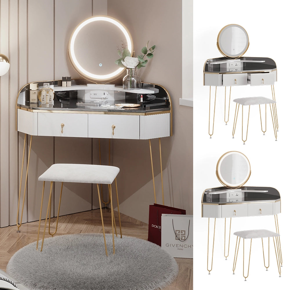 Vicco Tavolo da trucco ad angolo Bianco lucido 99 cm con specchio LED, sgabello e USB