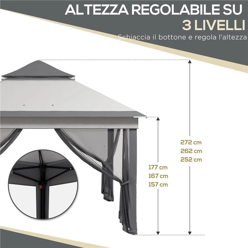 GAZEBO CON ZANZARIERE REGOLABILE SU 3 LIVELLI IN ACCIAIO E TESSUTO OXFORD 326X326X272 CM GRIGIO CHIARO E SCURO