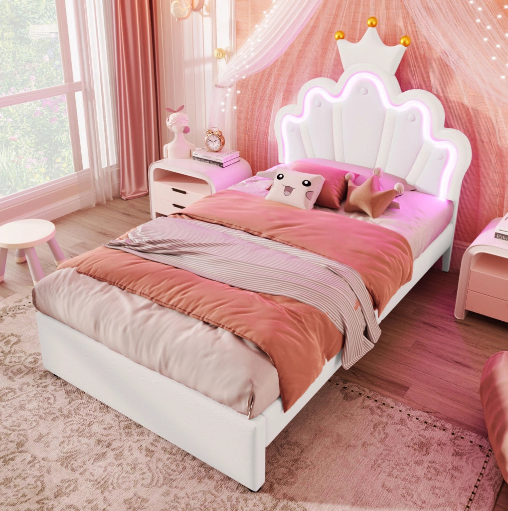 Letto per bambini 90x200 cm con 2 cassetti; LED; testiera regolabile; PU bianco