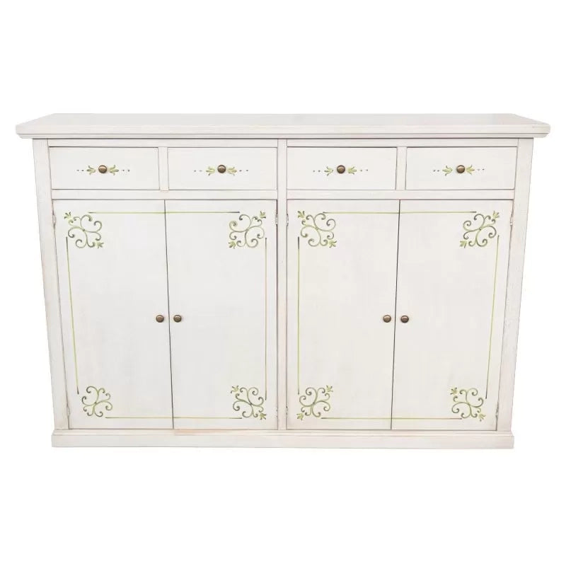 Madia credenza legno 4 porte shabby bianco anticato decoro filo verde 160x40x110 - Mobili 2G