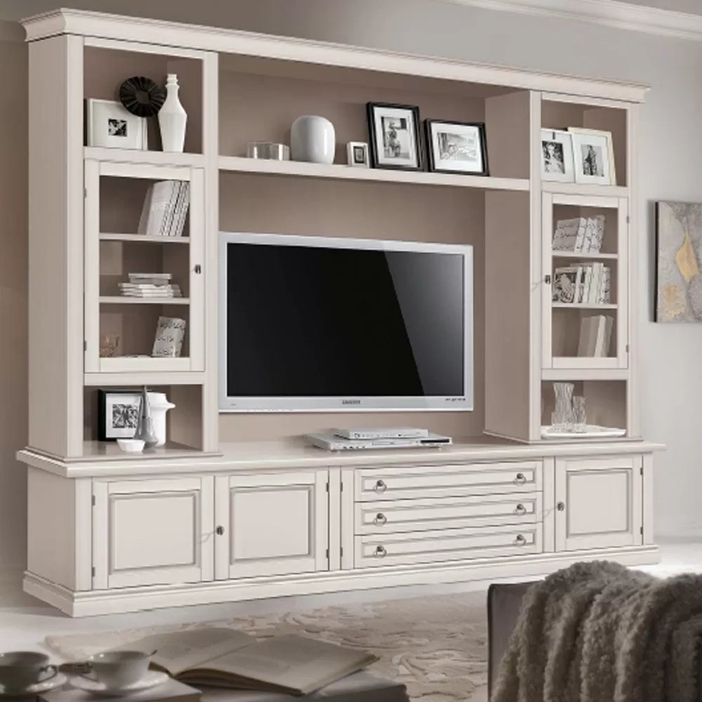 Parete attrezzata in legno shabby avorio anticato 243x50x227 - Mobili 2G