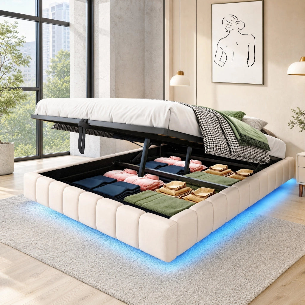 Letto imbottito sospeso 140x200 cm beige con LED e vano contenitore