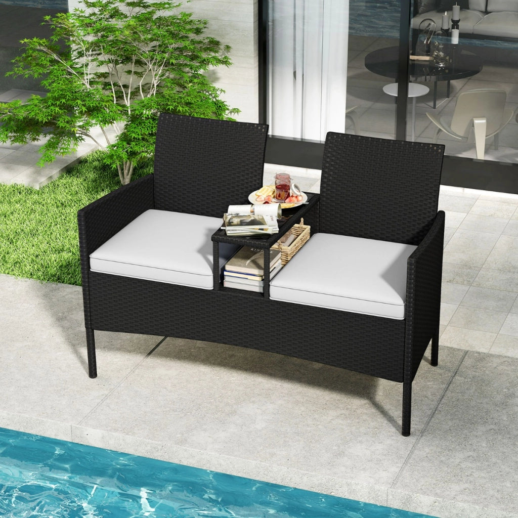 Divano da esterno con tavolino integrato, Mobile in rattan per 2 persone con cuscini e piano in vetro temperato Bianco-Set mobili da esterno