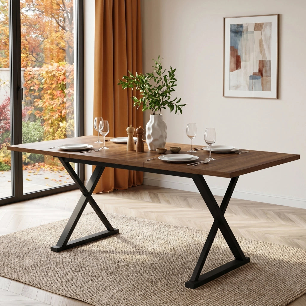 Tavolo da pranzo moderno 180×90 cm in MDF, colore noce, con gambe in metallo nere, per 6-8 persone