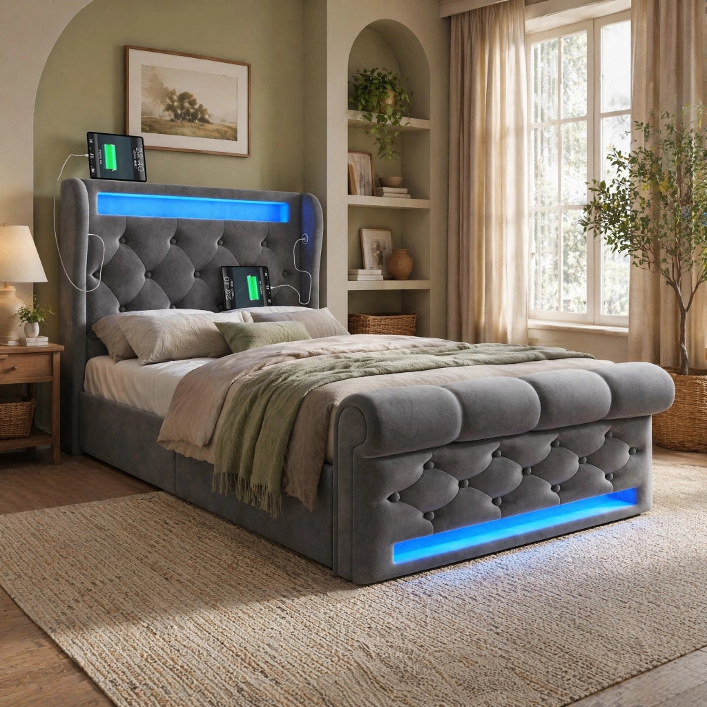Letto imbottito 90x200 cm grigio con materasso, LED, USB-C e vano contenitore