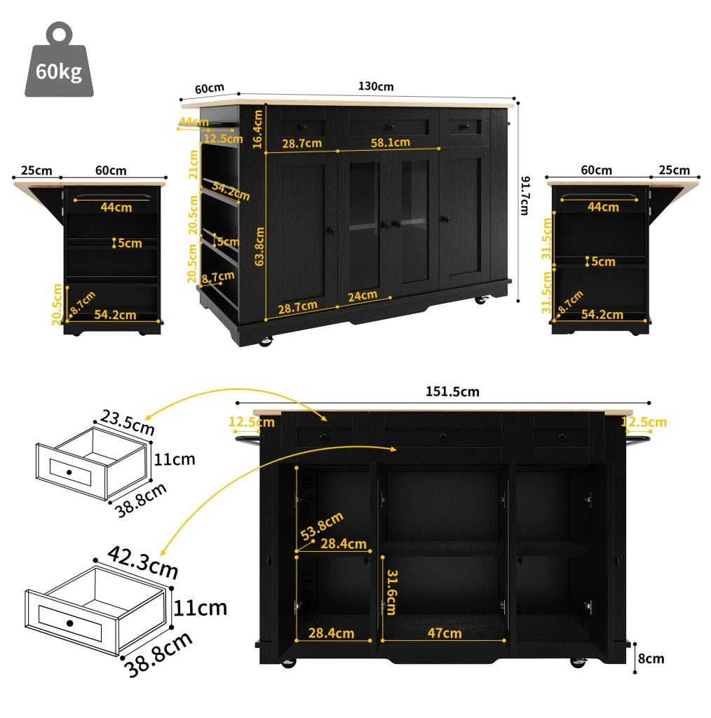 Isola da cucina pieghevole con piano effetto legno, nera