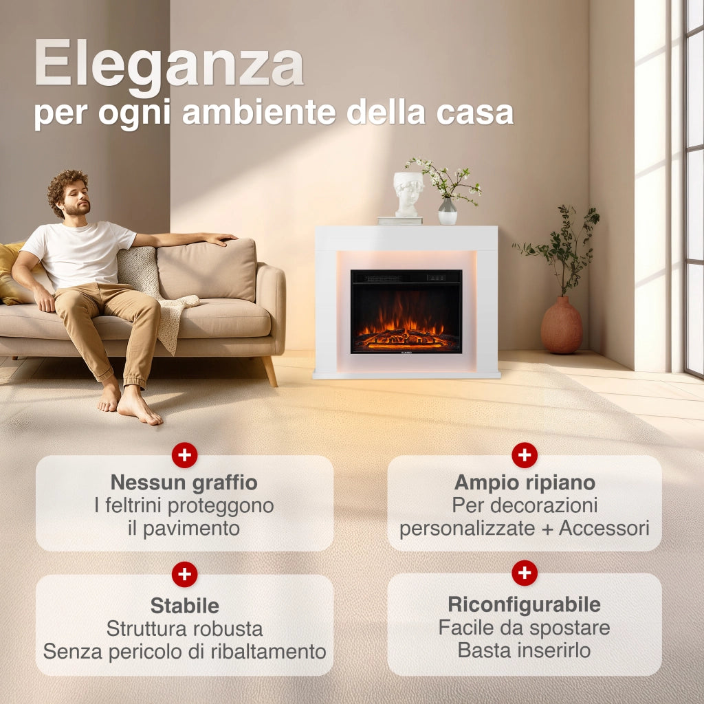 KAMINIO Camino elettrico MATTI - Caminetto da pavimento con riscaldamento, effetto fiamma 3D, luce ambiente a LED, telecomando - 38 pollici, Bianco
