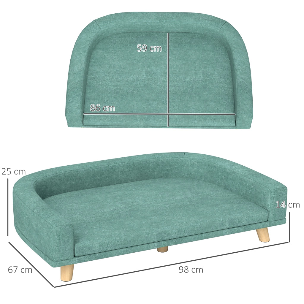 Divano per cani con cuscino sfoderabile e gambe in legno di pino, rialzato, verde, 98 × 67 × 25 cm