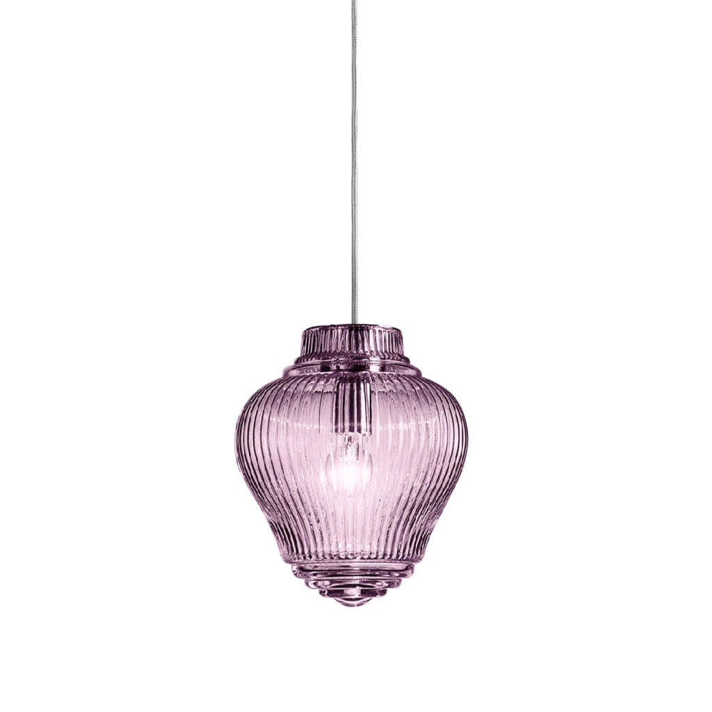 Clyde Lampada a Sospensione in Vetro Soffiato Ametista con Lavorazione Rigadin e Struttura in Metallo Grigio, Design Modulare per Interni, 23 cm