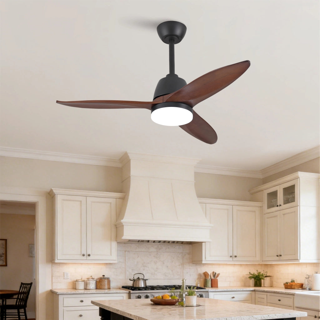 Ventilatore da soffitto nero moderno 42 pollici, dimmerabile 3 tonalit¨¤, pale legno massello, manopola, motore DC reversibile
