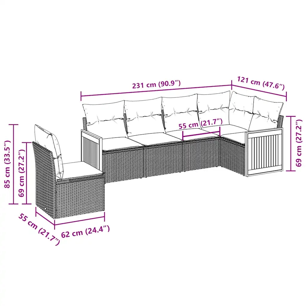 Set Divano da Giardino 6 pz con Cuscini Nero in Polyrattan