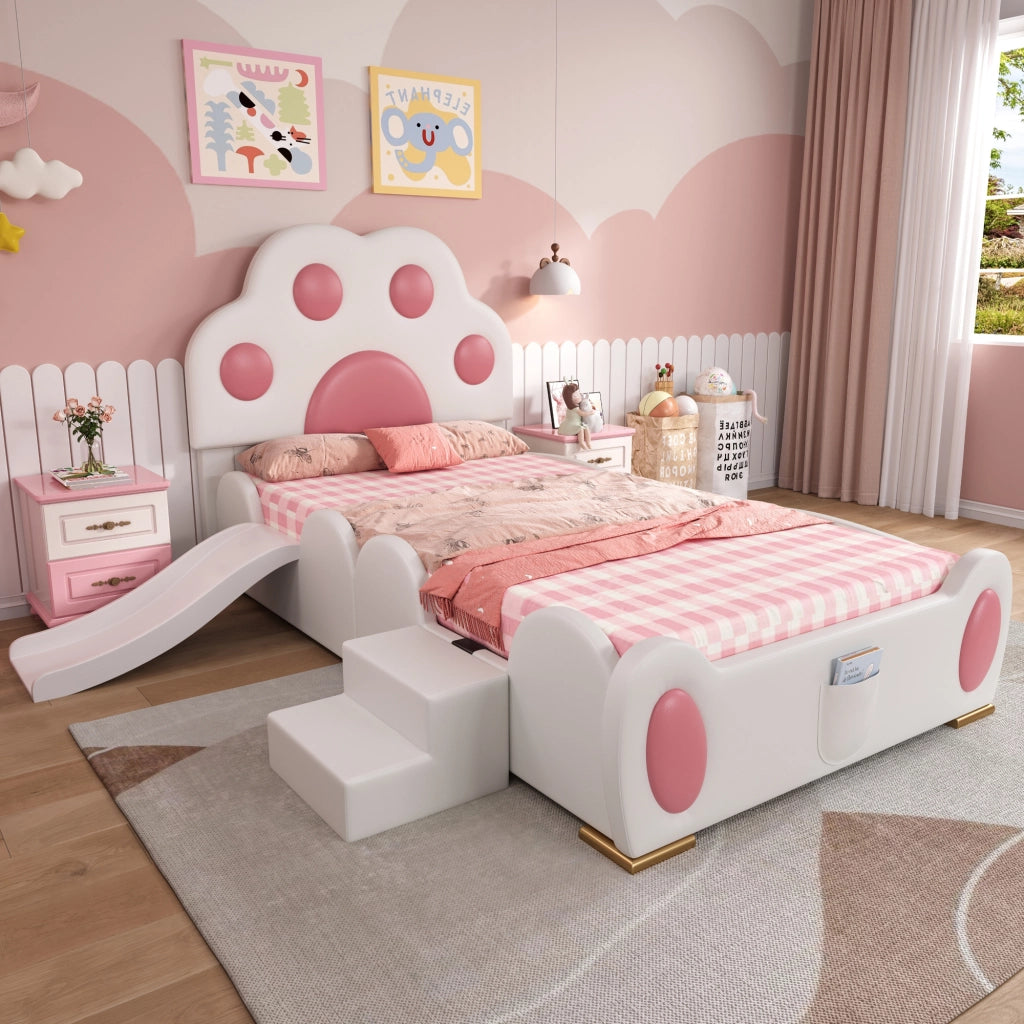 OKWISH Letto Bambini Singolo 90×200 cm con Scivolo, Scala a 2 Gradini e Tasca Portaoggetti, senza Materasso, in PU, Bianco e Rosa