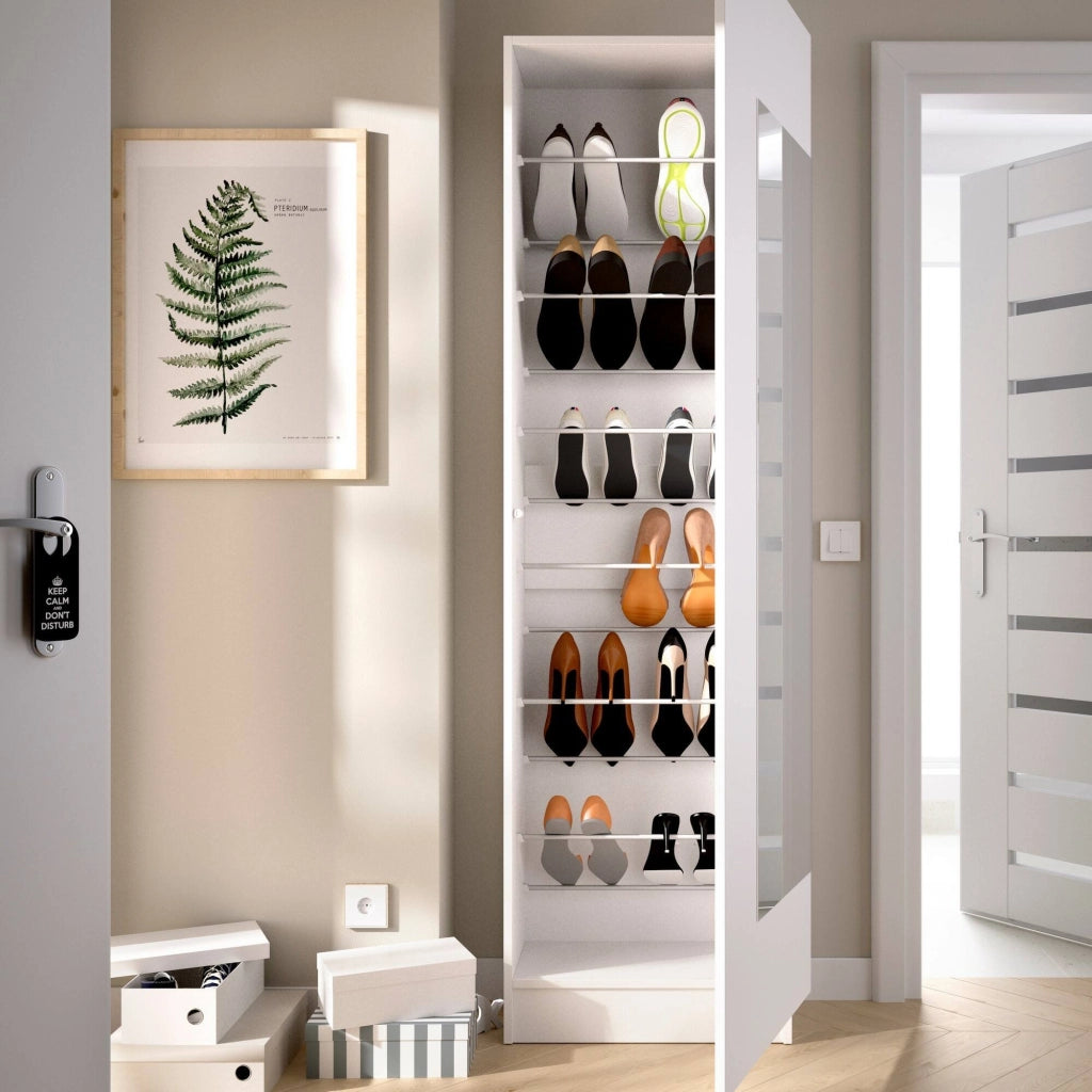 Scarpiera Arlanda, Portascarpe salvaspazio da ingresso, Mobiletto portascarpe a 1 anta a specchio, 50x27h186 cm, Bianco