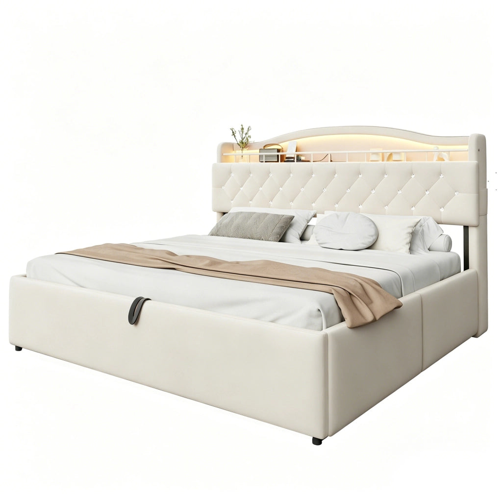 Letto imbottito 180x200 cm con contenitore idraulico, LED, USB e USB-C beige
