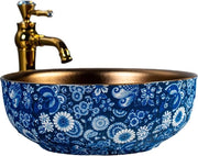 Credenza da bagno ceramica blu-bianco porcellana lavabo orientale bacinelle rotonde - piatti dorati per il lavaggio Lavandino