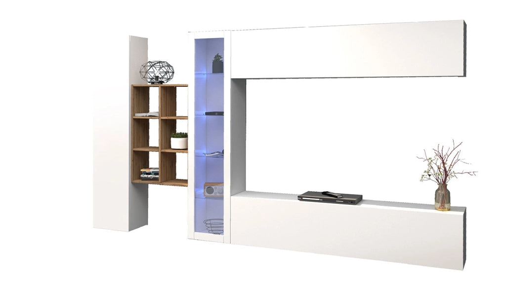 Parete Attrezzata Soggiorno 340x30x180 cm Maruska n°14 Bianco Lucido/Rovere Wotan