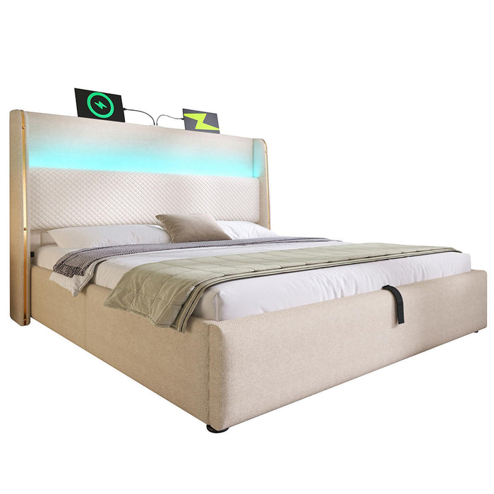 Letto 140x200cm?- Xylo - idraulico LED USB lino beige
