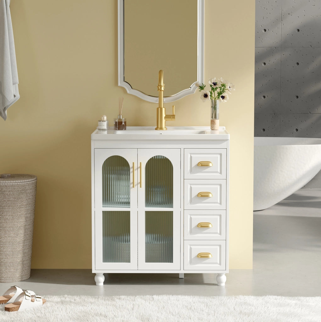 Mobile bagno bianco 80 cm con lavabo in ceramica e doppio vano