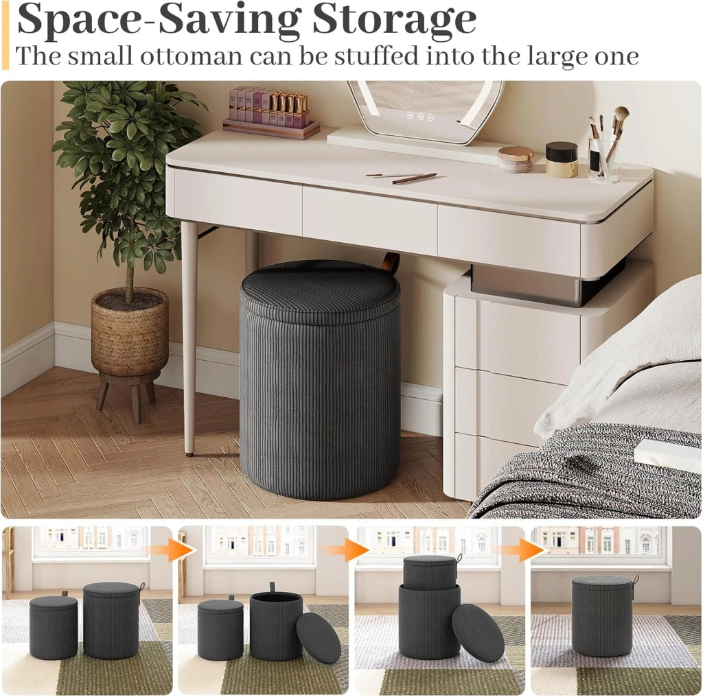 Set di 2 Pouf Contenitore, Poggiapiedi per Soggiorno in Velluto con Coperchi Rimovibili, Sedute Imbottite, Sgabello da Trucco 40 L+25 L, Portata 150 KG, Grigio/Bianco (Grigio)