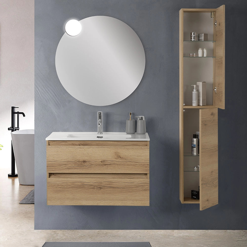 Mobile bagno sospeso 80 cm in legno quercia naturale 2 cassettoni con lavabo e specchio Leda
