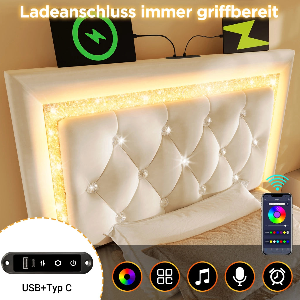 Letto imbottito con LED, USB e contenitore, beige, 90x200 cm