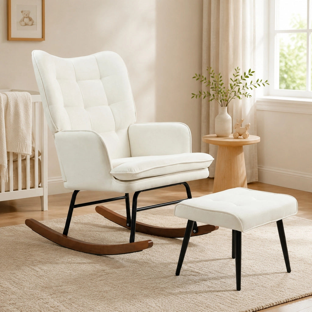 Sedia a dondolo 64x89x90 cm con poggiapiedi e braccioli in poliestere bianco crema