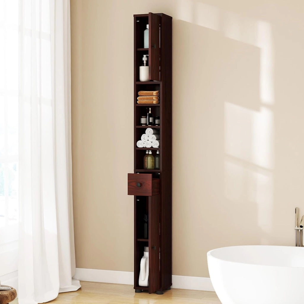Mobile Bagno Alto Stretto, Mobiletto Colonna Salvaspazio con 1 Cassetto, 5 Ripiani Regolabili e Struttura Antiscivolo, Mobile a Terra per Ingresso, 20 x 20 x 180 cm (4 Ripiani, Marrone)