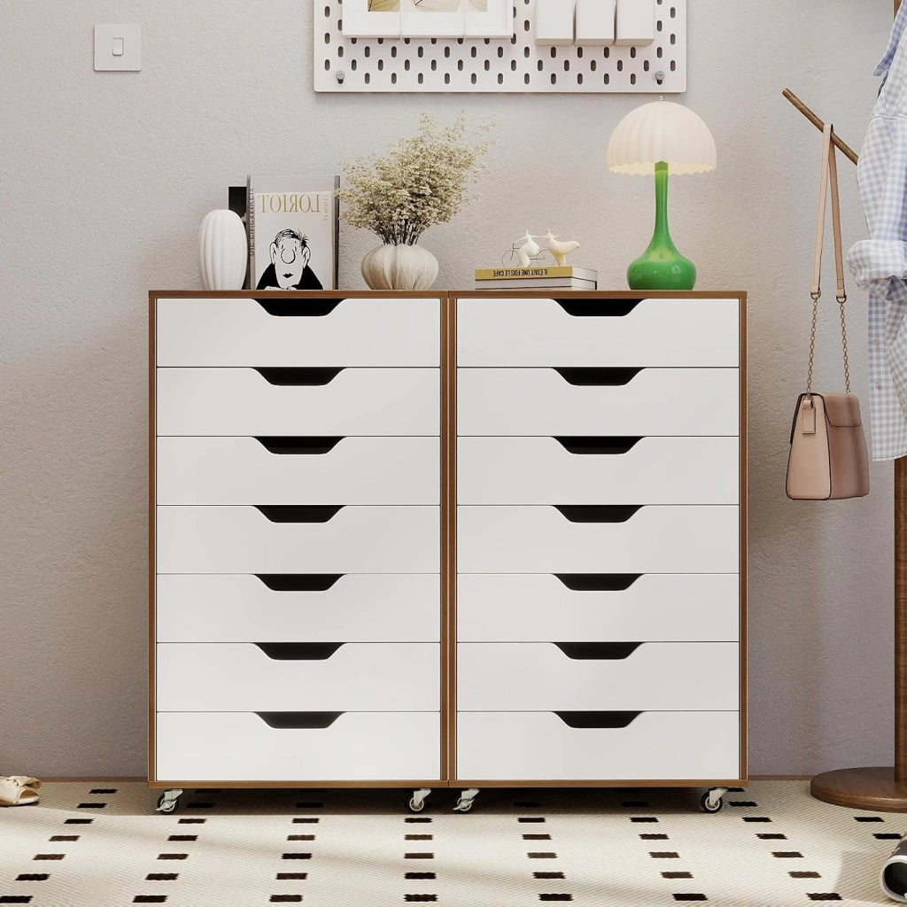 Cassettiera da Ufficio con 7 Cassetti, Mobiletto per Documenti con 4 Ruote Girevoli, Cassettiera da Scrivania in Legno per Ufficio e Soggiorno, 49 x 40 x 87 cm (Naturale + Bianco)