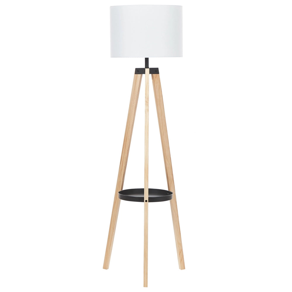 Lampada da Terra Treppiede Lino Bianco Paralume Rotondo Gambe Legno Chiaro 148 cm Moderna