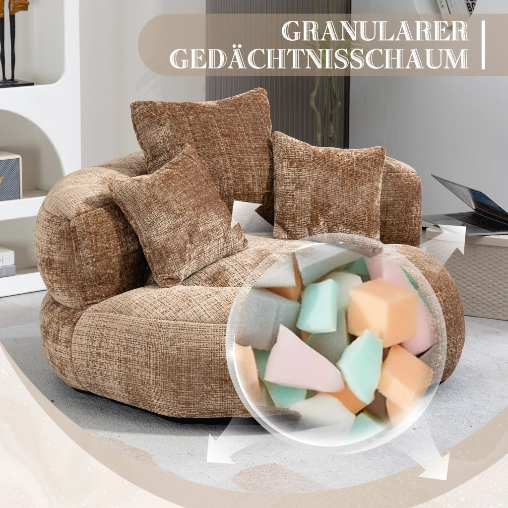 Poltrona Pouf Relax 1 Posto a Schienale Alto con Braccioli e 3 Cuscini Comfort Avvolgente in Ciniglia Caffè