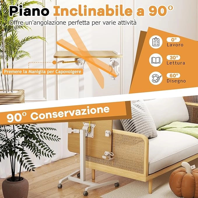 Tavolo Pieghevole per Laptop su Ruote con Piano Inclinabile a 90°, Tavolino Regolabile in Altezza e Portatile con Gancio & Portabicchiere per Divano e Letto