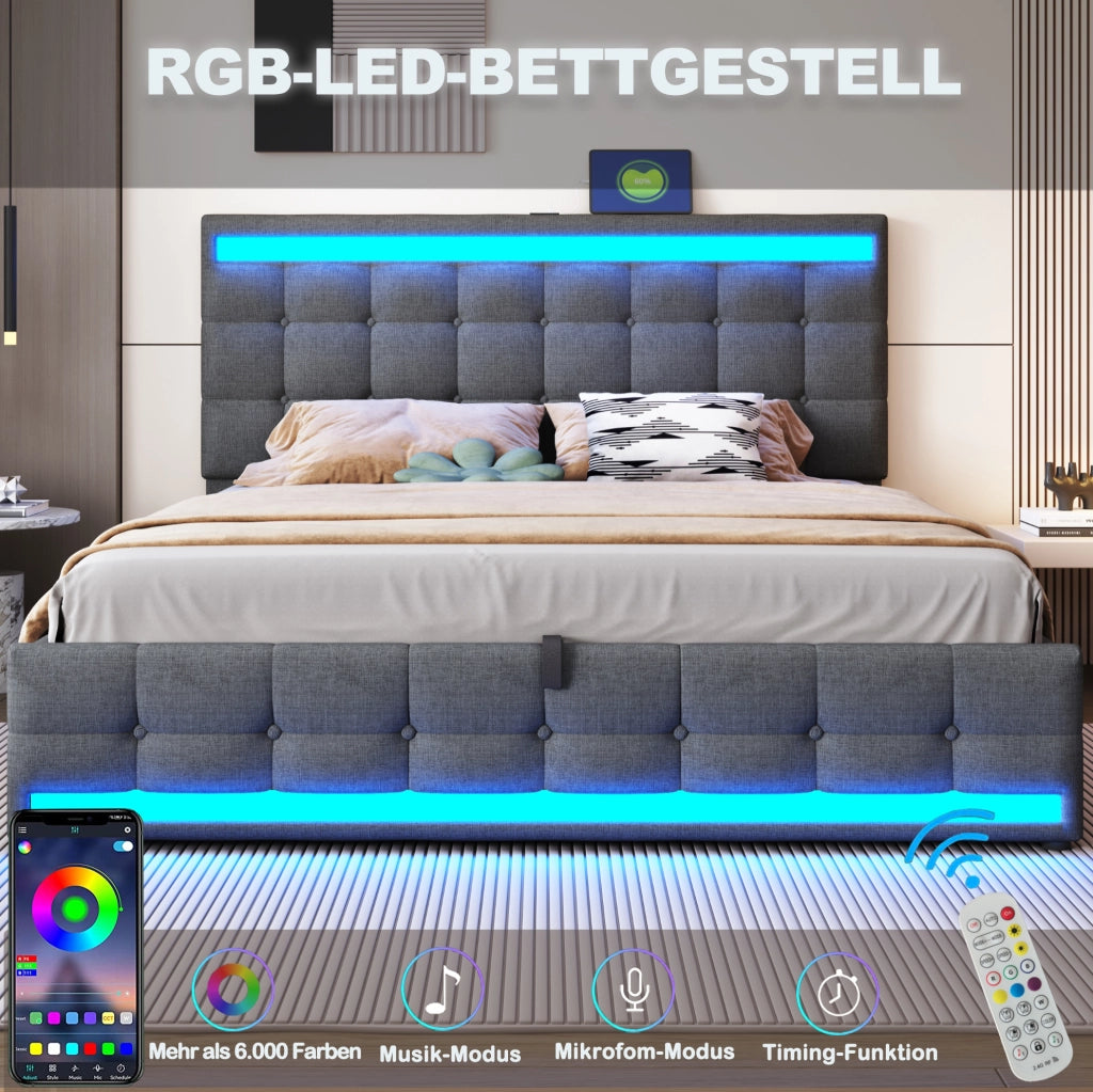 Letto imbottito grigio 180 x 200 cm con LED RGB e USB