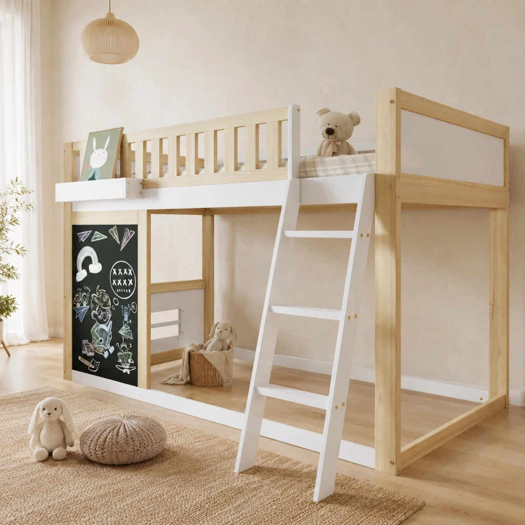 Hochbett per bambini 90x200 cm in pino e MDF; bianco naturale; con lavagna e box portaoggetti