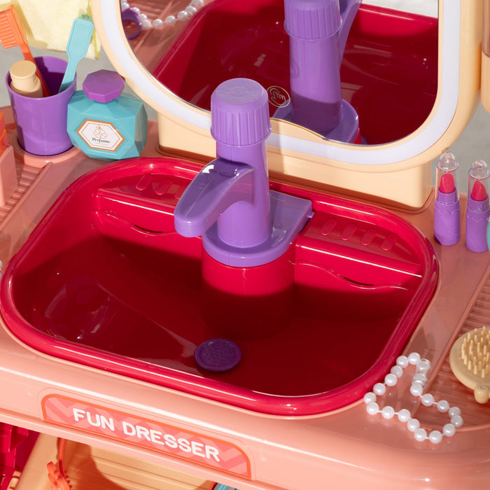 Specchiera Giocattolo per Bambini Tavolo Toeletta con Accessori e Rubinetto Rosa