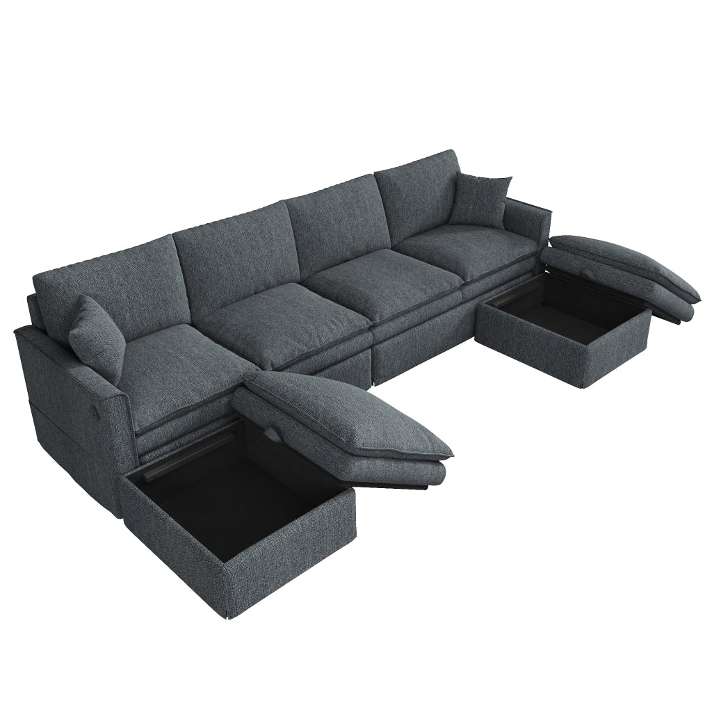 Divano modulare 6 posti a U/L con 2 pouf contenitore e USB; grigio 277x135x80 cm