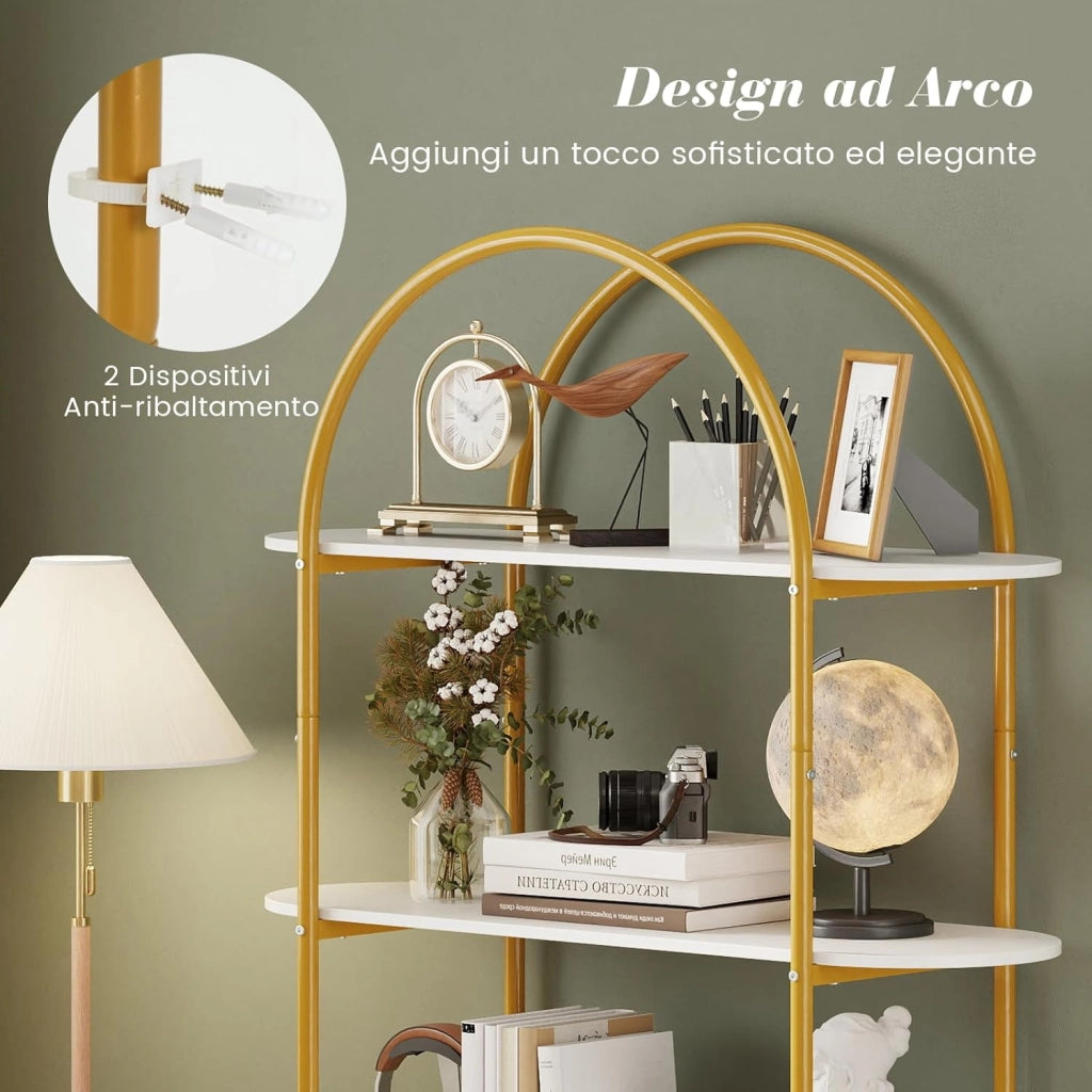 Libreria a Forma di Arco a 4 Ripiani, Scaffale Portaoggetti Aperta con Struttura Metallica, Organizer Espositivo Autoportante per Soggiorno, Ufficio e Camera da Letto, 95x34x156cm (Bianco)