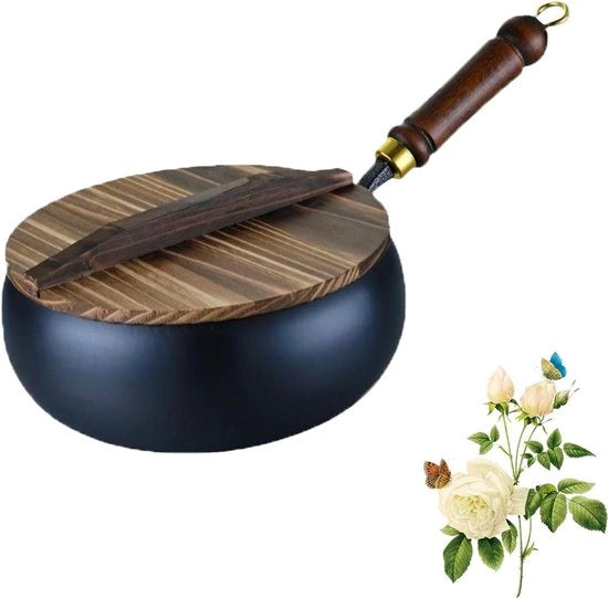 Padella in Acciaio di Carbonio – 24 cm | Frittata a Mano senza Verniciatura | Padella per Frittate in Acciaio di Carbonio con Coperchio in Legno | Adatto per Gas, Induzione e Cucina Giapponese Tradizionale | 28 cm Opzione
