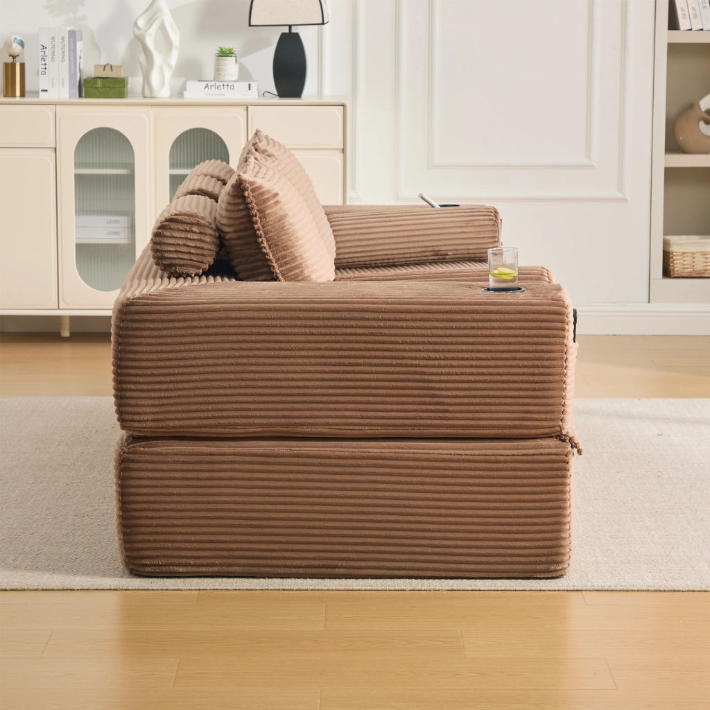 Divano letto modulare in velluto a coste marrone con tasche portabevande e cuscini memory 232 × 98 × 80 cm