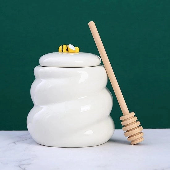 Piatto di miele in ceramica da 16 oz con coperchio e cucchiaio in legno per cucina domestica Piatto di miele in ceramica per conservazione (bianco)
