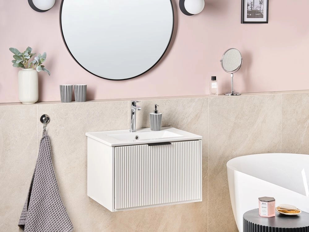 Mobiletto a muro con lavabo in legno massiccio Bianco con maniglia nera per il bagno 60 cm stile moderno